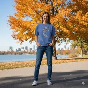 Lee Vintage Scarecrow Pumpkin Embroidered T Shirt Womens Large Blue Autumn Fall